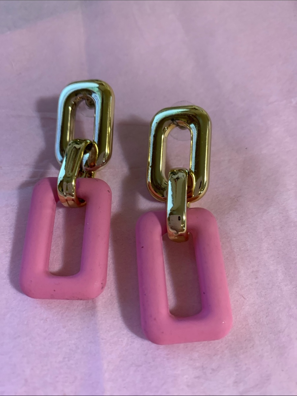 Gold Link Earrings with Pink Rectangular Drops - Women's Jewelry